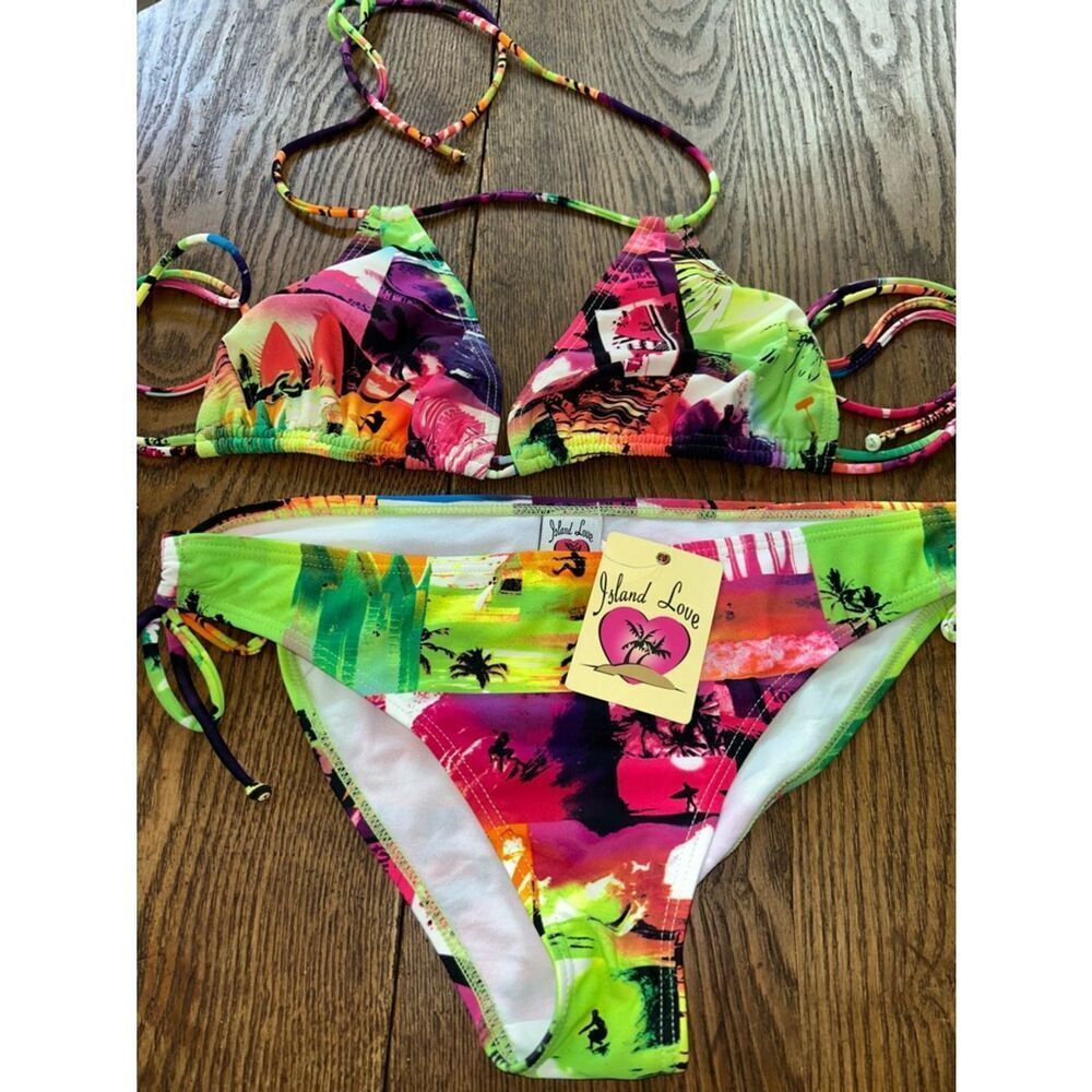 Neon Tropical Print Triangle Bikini - Multicolor